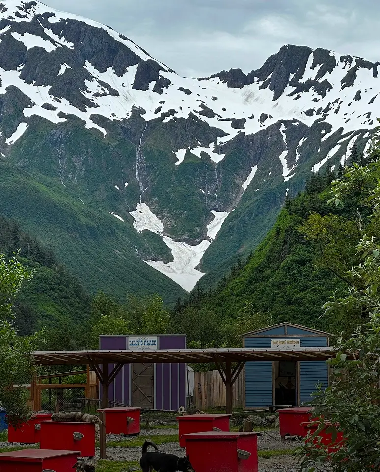 Mountain landscape with snow and rustic buildings.