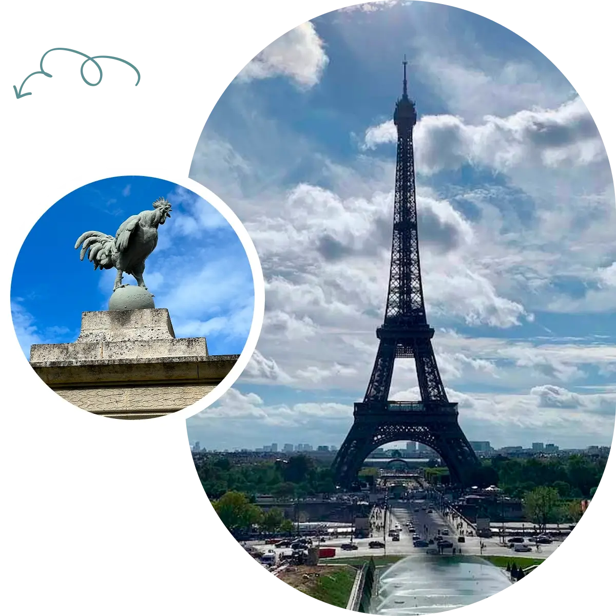 Paris skyline featuring Eiffel Tower and rooster